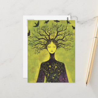 Beautiful woman in purple of the Forest and birds  Postcard