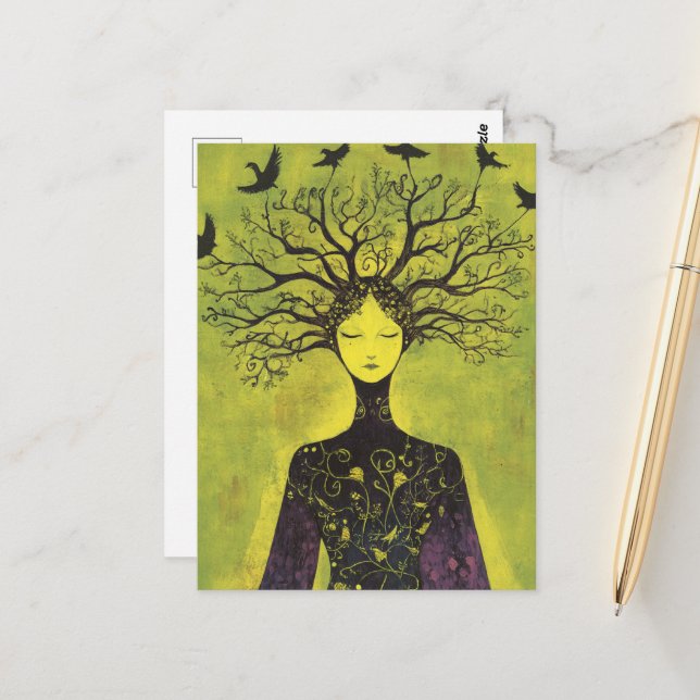 Beautiful woman in purple of the Forest and birds  Postcard (Front/Back In Situ)