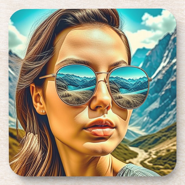Beautiful Woman in Sunglasses Mountain Reflectoin Beverage Coaster (Front)