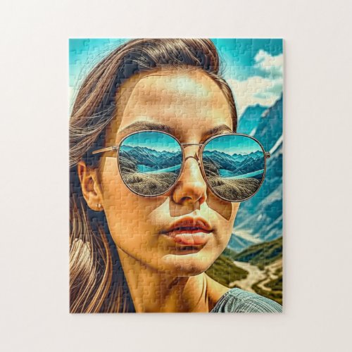 Beautiful Woman in Sunglasses Mountain Reflectoin Jigsaw Puzzle