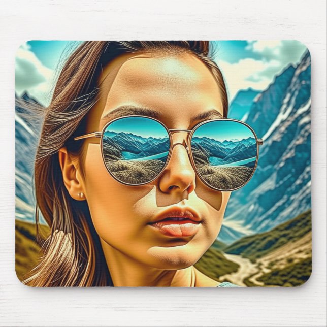 Beautiful Woman in Sunglasses Mountain Reflectoin Mouse Pad (Front)