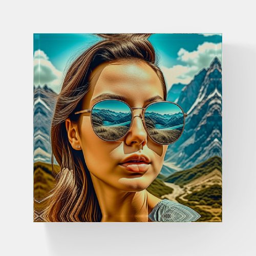 Beautiful Woman in Sunglasses Mountain Reflectoin Paperweight