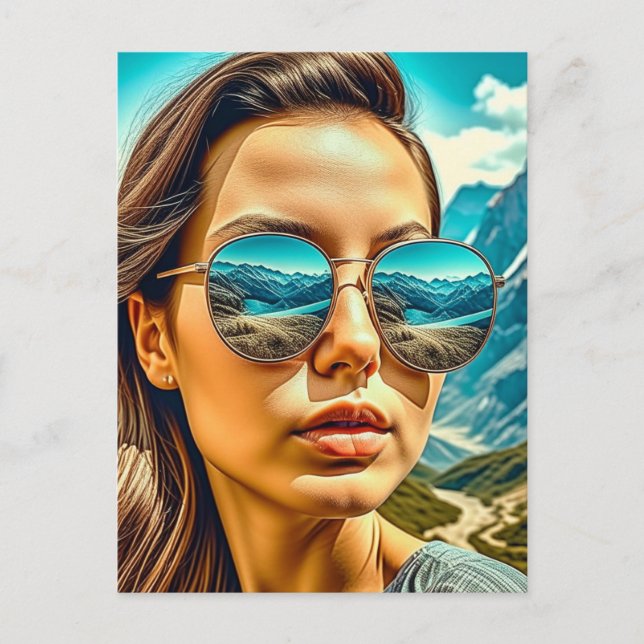 Beautiful Woman in Sunglasses Mountain Reflectoin Postcard (Front)
