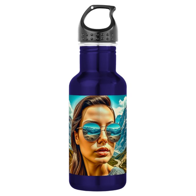 Beautiful Woman in Sunglasses Mountain Reflectoin Stainless Steel Water Bottle (Front)