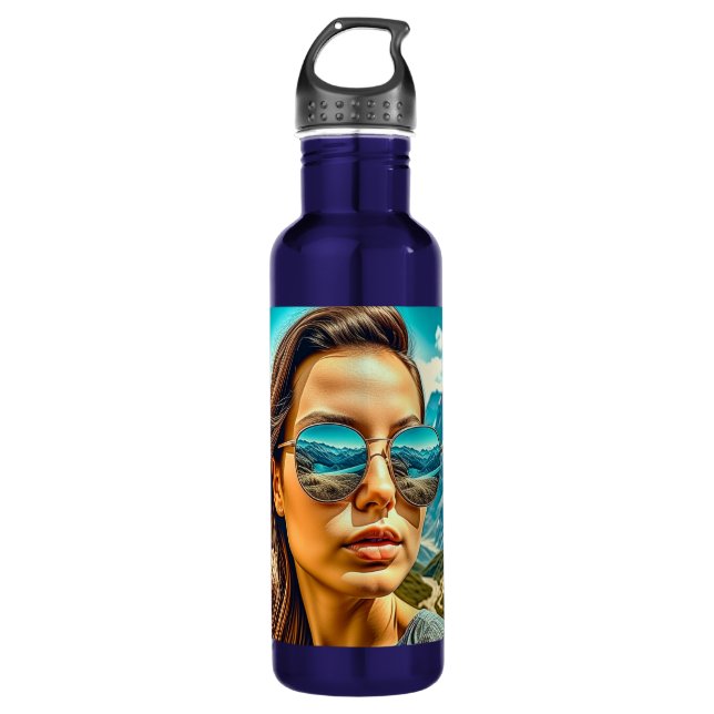 Beautiful Woman in Sunglasses Mountain Reflectoin Stainless Steel Water Bottle (Front)