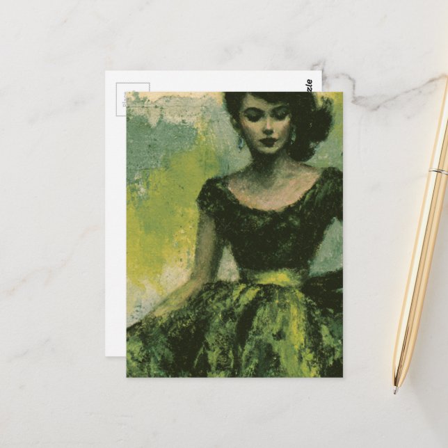 Beautiful Woman in the 1950s Green Dress Postcard (Front/Back In Situ)