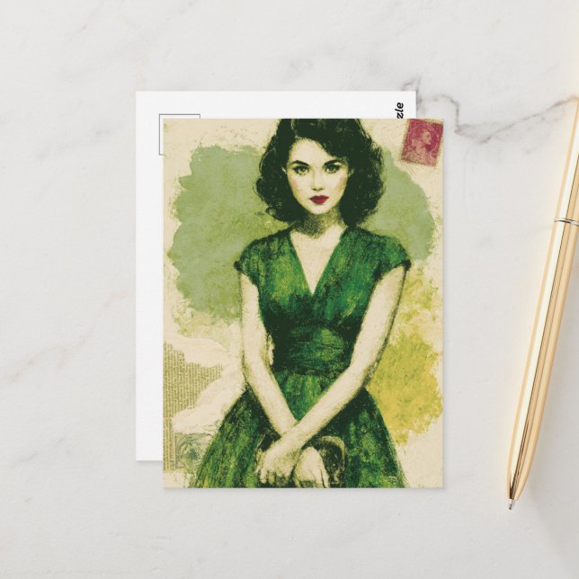 Beautiful Woman in the Green Dress Postcard (Front/Back In Situ)