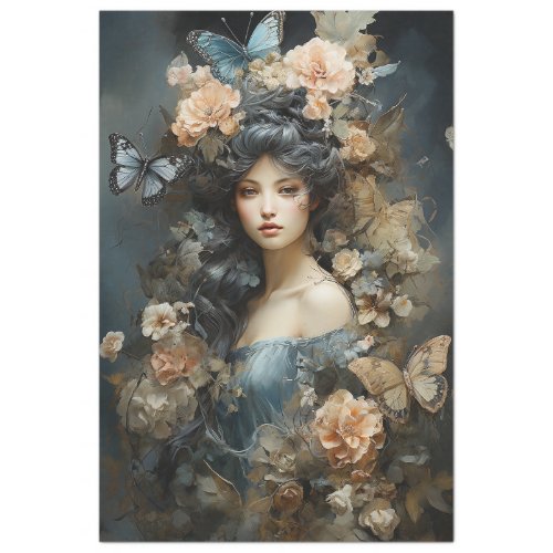 Beautiful Woman in Vintage Dress with Butterflies Tissue Paper