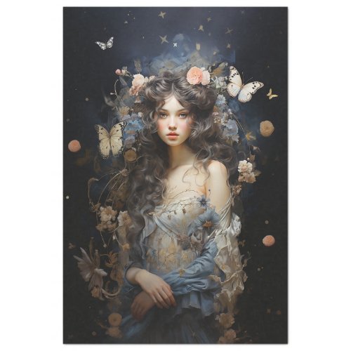 Beautiful Woman in Vintage Dress with Butterflies Tissue Paper