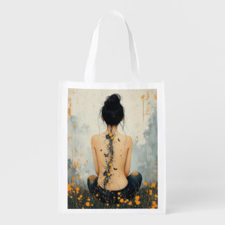 Beautiful Woman, Ink, Wildflowers and Butterflies Grocery Bag