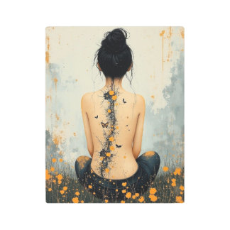 Beautiful Woman, Ink, Wildflowers and Butterflies Metal Print