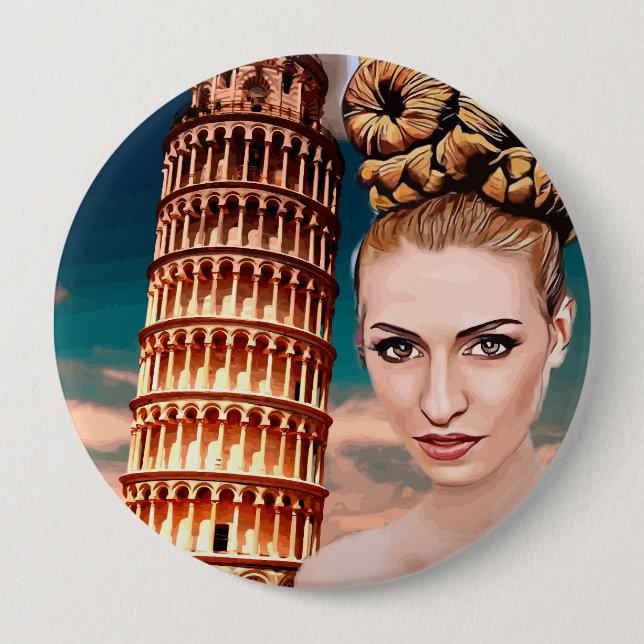 Beautiful woman leaning tower of pisa abstract art button (Front)