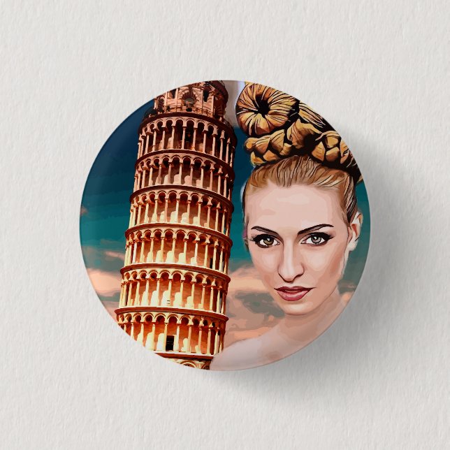 Beautiful woman leaning tower of pisa abstract art button (Front)