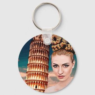 Beautiful woman leaning tower of pisa abstract art keychain