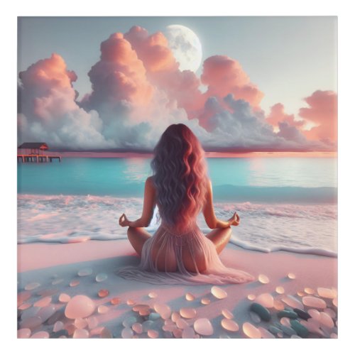 Beautiful Woman Meditating on Beach Blank Acrylic Print