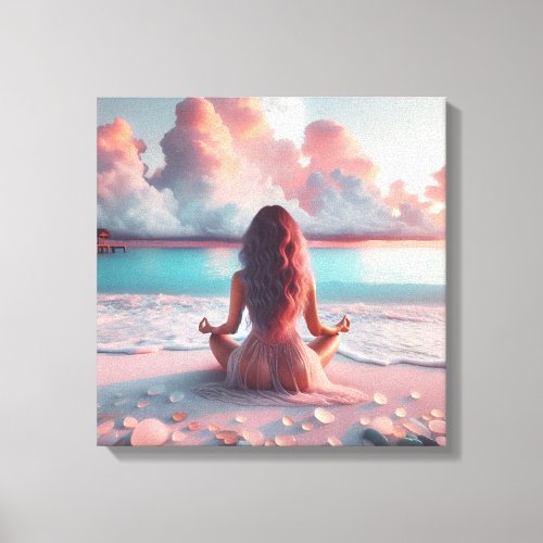 Beautiful Woman Meditating on Beach Blank Canvas Print
