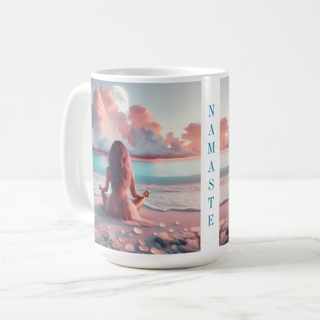 Beautiful Woman Meditating on Beach Blank Coffee Mug (Front Left)