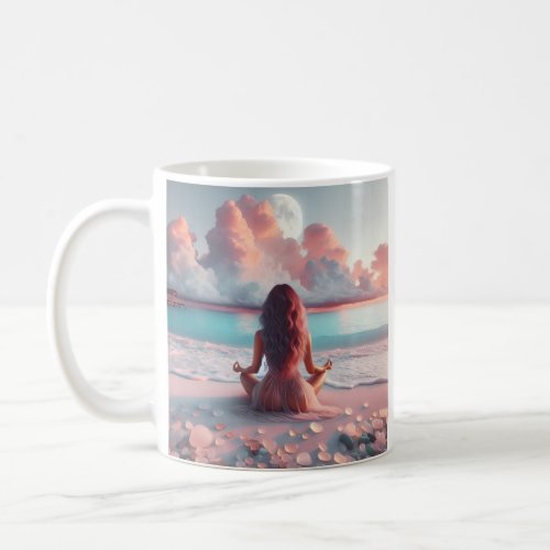 Beautiful Woman Meditating on Beach Blank Coffee Mug