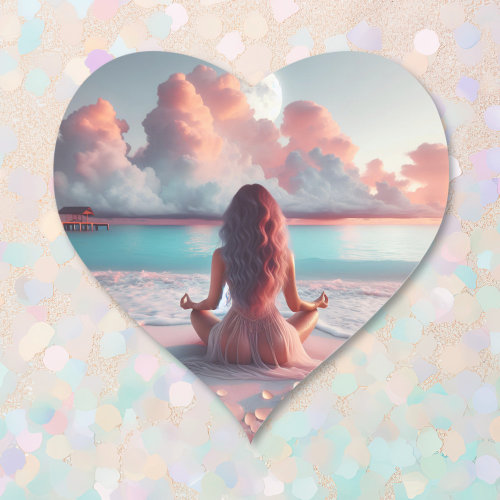 Beautiful Woman Meditating on Beach Blank Heart Sticker