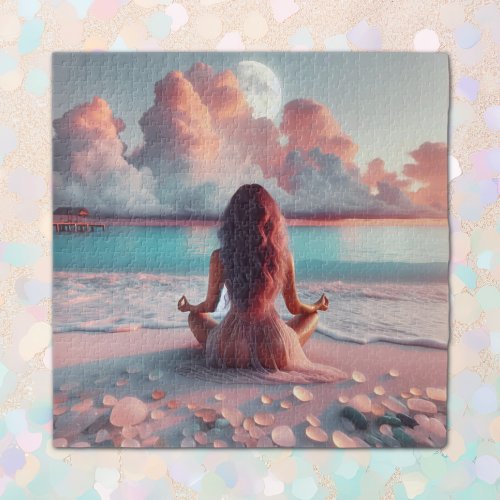 Beautiful Woman Meditating on Beach Blank Jigsaw Puzzle