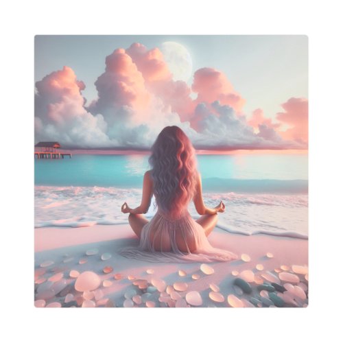 Beautiful Woman Meditating on Beach Blank Metal Print