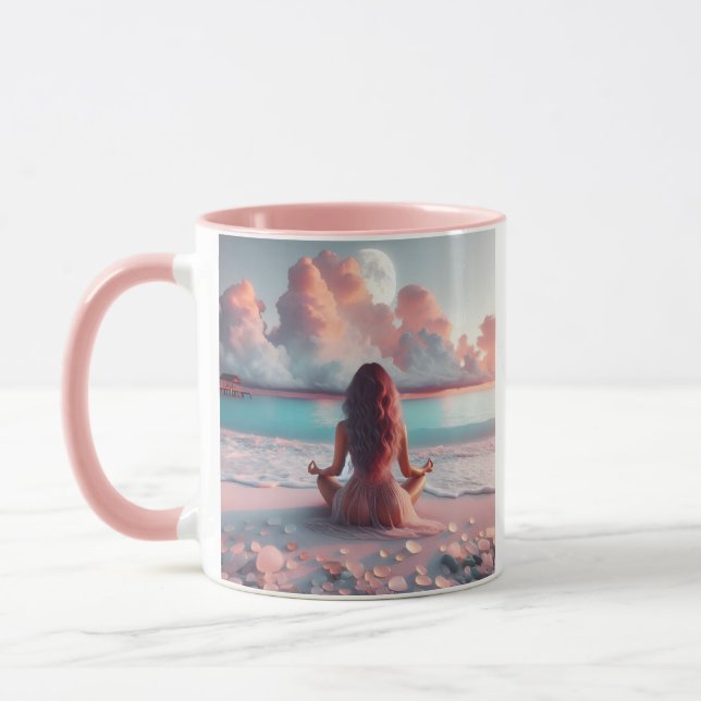 Beautiful Woman Meditating on Beach Blank Mug (Left)