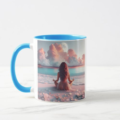 Beautiful Woman Meditating on Beach Blank Mug
