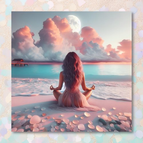 Beautiful Woman Meditating on Beach Blank Poster