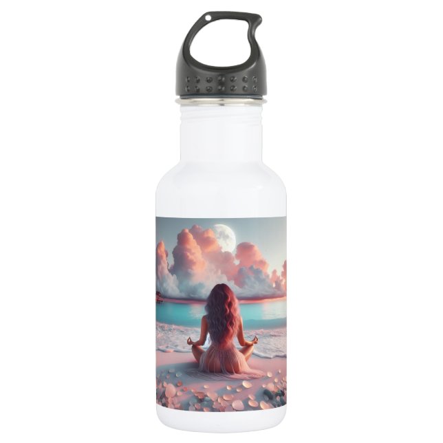 Beautiful Woman Meditating on Beach Blank Stainless Steel Water Bottle (Front)