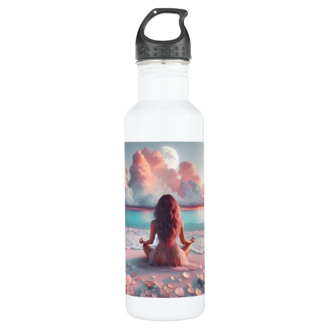 Beautiful Woman Meditating on Beach Blank Stainless Steel Water Bottle (Front)