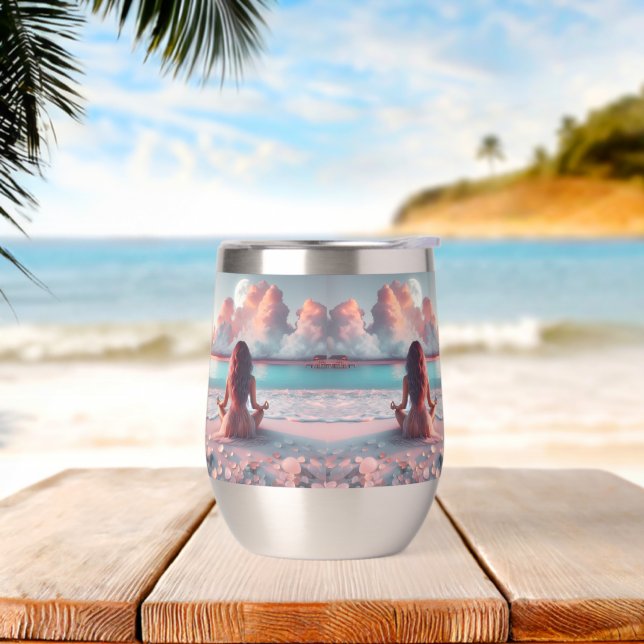 Beautiful Woman Meditating on Beach Blank Thermal Wine Tumbler (Beach)