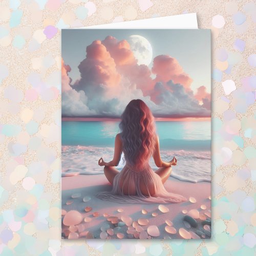 Beautiful Woman Meditating on Beach Card