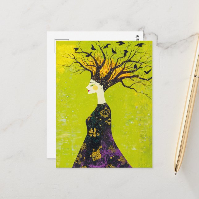 Beautiful woman of the Forest and birds Postcard (Front/Back In Situ)