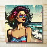 Beautiful Woman on Beach Comic Book Pop Art<br><div class="desc">Pretty ai generated image of a pretty lady on the beach wearing sunglasses with an ocean beach background comic book style pop art.</div>