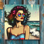 Beautiful Woman on Beach Comic Book Pop Art Canvas Print<br><div class="desc">Pretty ai generated image of a pretty lady on the beach wearing sunglasses with an ocean beach background comic book style pop art.</div>