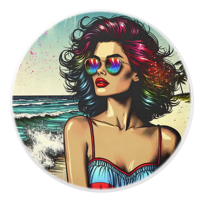 Beautiful Woman on Beach Comic Book Pop Art Ceramic Knob (Front)
