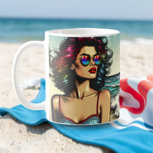 Beautiful Woman on Beach Comic Book Pop Art Coffee Mug