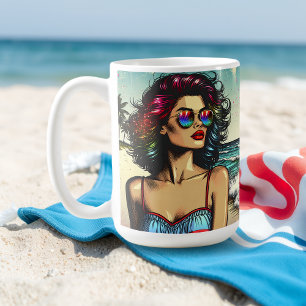 Beautiful Woman on Beach Comic Book Pop Art Coffee Mug