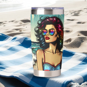 Beautiful Woman on Beach Comic Book Pop Art Insulated Tumbler