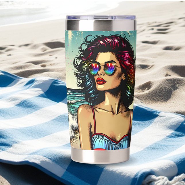 Beautiful Woman on Beach Comic Book Pop Art Insulated Tumbler (Creator Uploaded)