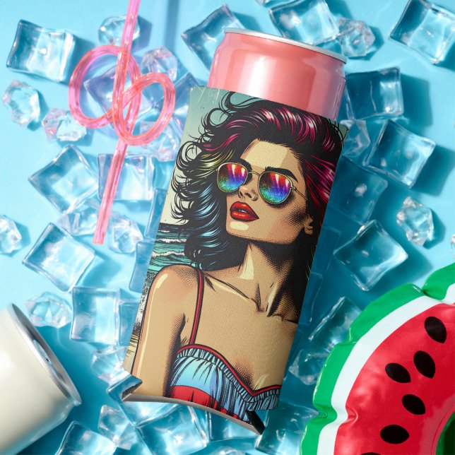 Beautiful Woman on Beach Comic Book Pop Art Seltzer Can Cooler (In Situ Summer)
