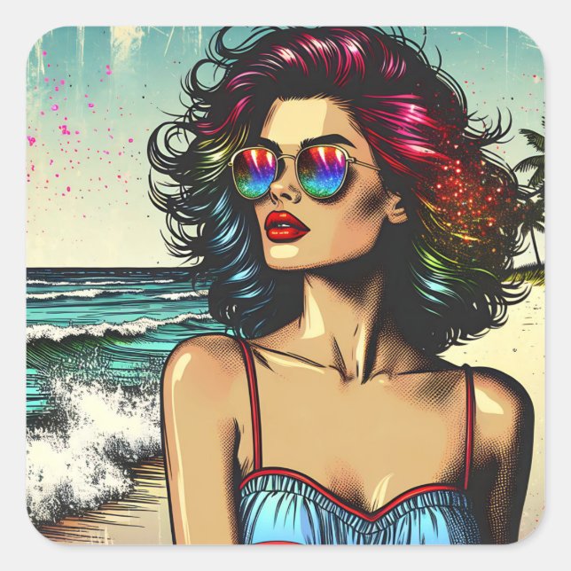 Beautiful Woman on Beach Comic Book Pop Art Square Sticker (Front)