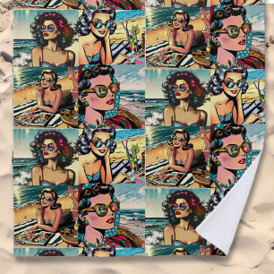 Beautiful Woman on Beach Comic Book Pop Art Towel