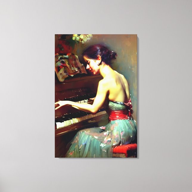 Beautiful Woman Playing Piano Painting Canvas Print (Front)
