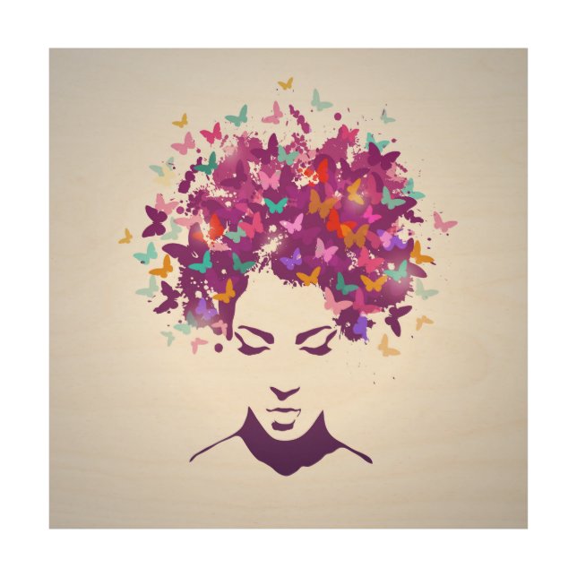 Beautiful woman portrait with butterfly hair wood wall art (Front)