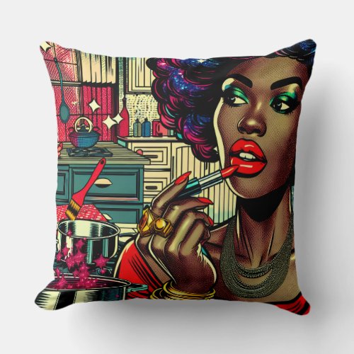 Beautiful Woman Putting on Lipstick in Kitchen Throw Pillow