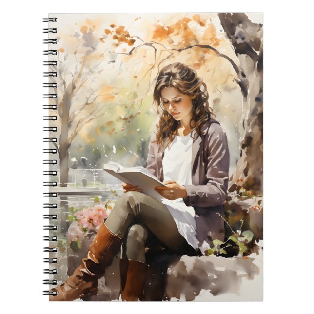 Beautiful Woman Reading A Book At Park Watercolor (Front)