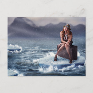 Beautiful woman sitting on suitcase postcard