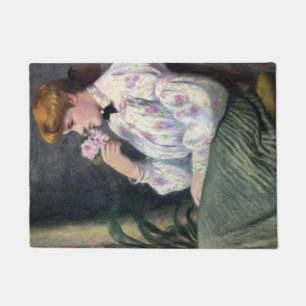 Beautiful Woman Smelling Flowers' Scent (Reverie) Doormat