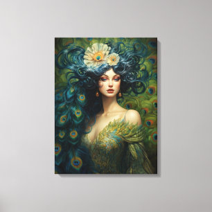 Beautiful Woman Surrounded by Peacock Feathers Canvas Print